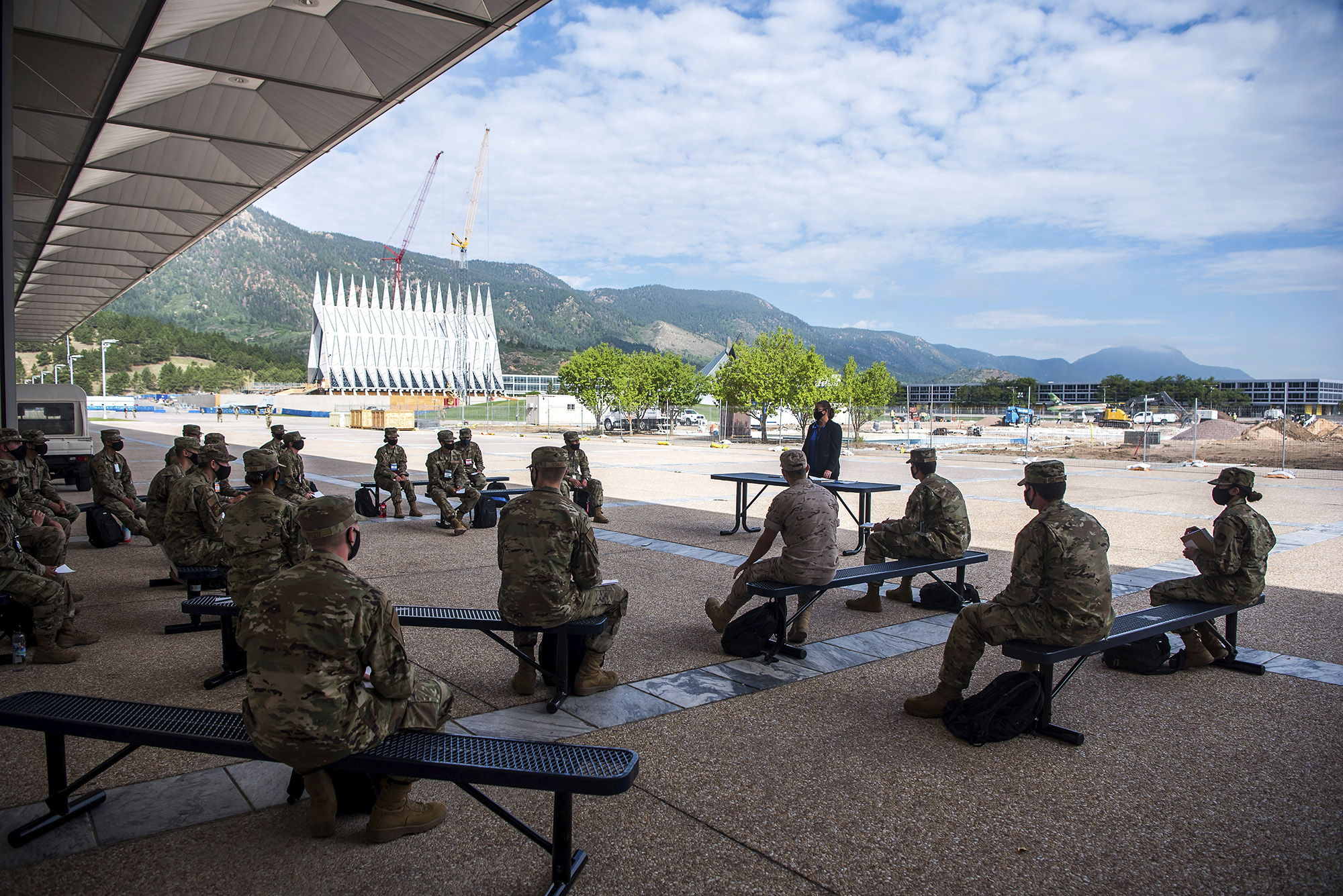 In this image provided by the U.S. Air Force Academy, academy cadets start the school year with a mix of reduced class sizes and remote learning on Aug. 12, 2020, at the U.S. Air Force Academy in Colorado Springs, Colo.